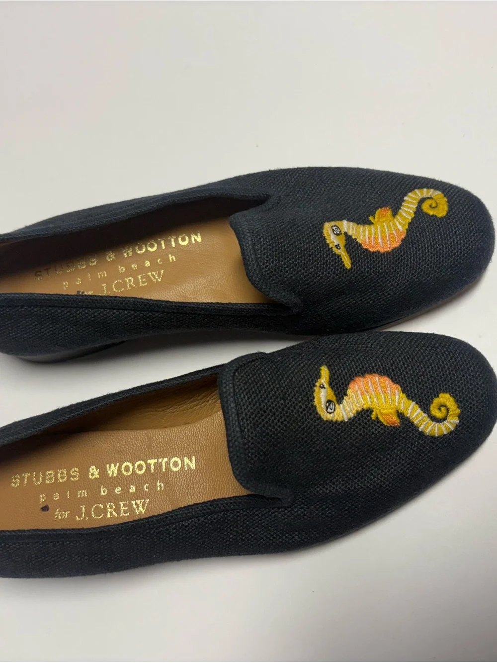 Stubbs & Wootton X J.Crew Black Canvas Seahorse Embroidered Loafers